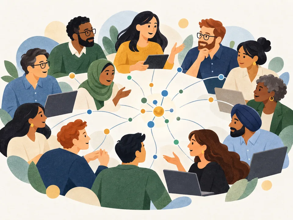 A diverse group of professionals collaborating around a people-centred AI network